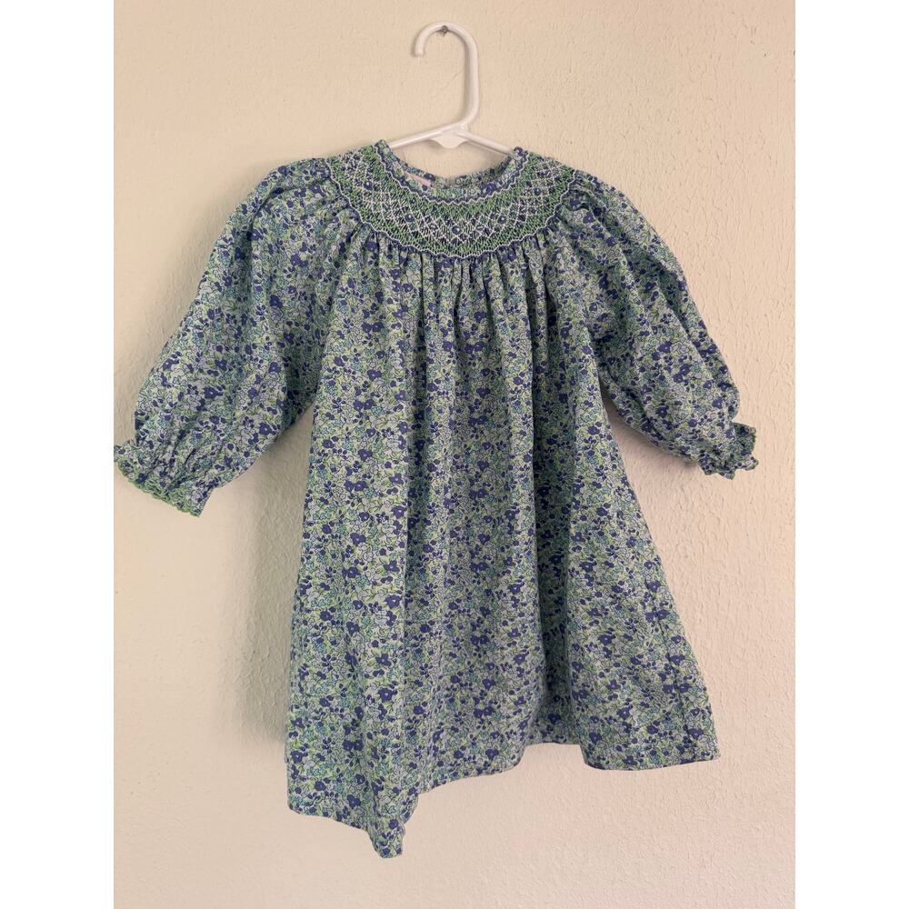 Smocked Floral Long-Sleeve Kids Dress - Green & Blue